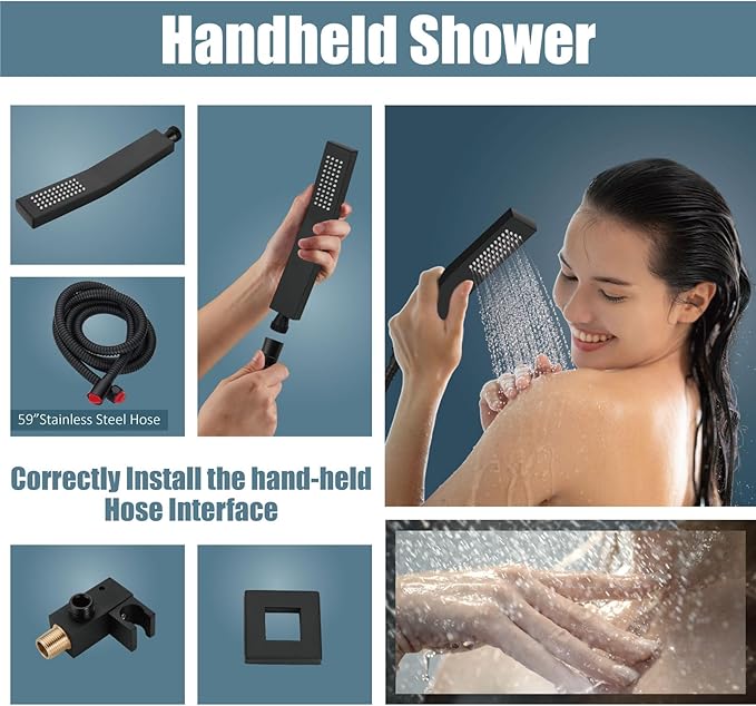 Aolemi Ceiling Mount Shower System Rain Shower Head with Handheld Spray High Pressure Shower Faucet Set Rough-in Valve Shower Trim Kit Included Bathroom Matte Black 10 Inch Ceiling Shower Head