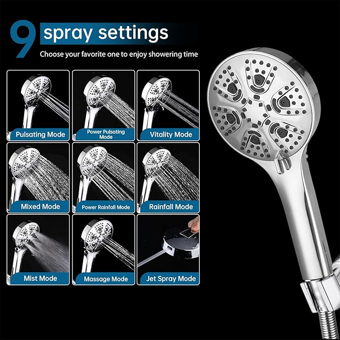 Shower Head with Handheld Spray Combo 2 in 1 Rainfall High Pressure with 59" Rotatable Stainless Steel Hose 9 Spray Modes Detachable Silver