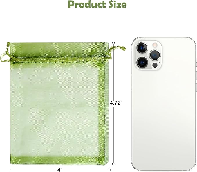 Hopttreely 100Pcs Organza Bags - 4 x 4.72 inch Candy Mesh Gift Bags, Olive Green Satin Drawstring Organza Pouches for Jewelry, Watch, Small Christmas Sachet