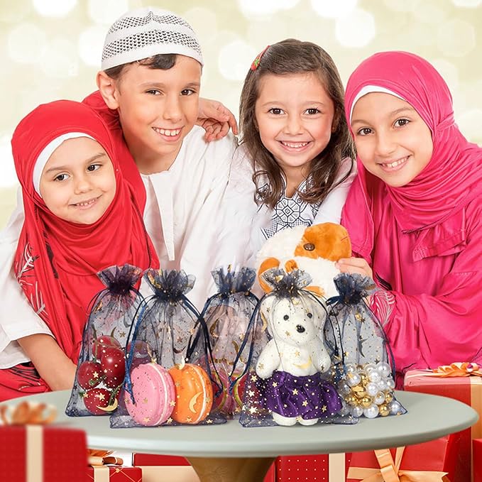 Hopttreely 100 Pieces Moon Star Organza Bags, Mixed Color 4x4.72(10X12CM) Satin Drawstring Organza Pouch Wedding Party Favor Gift Bag Jewelry Watch Bags