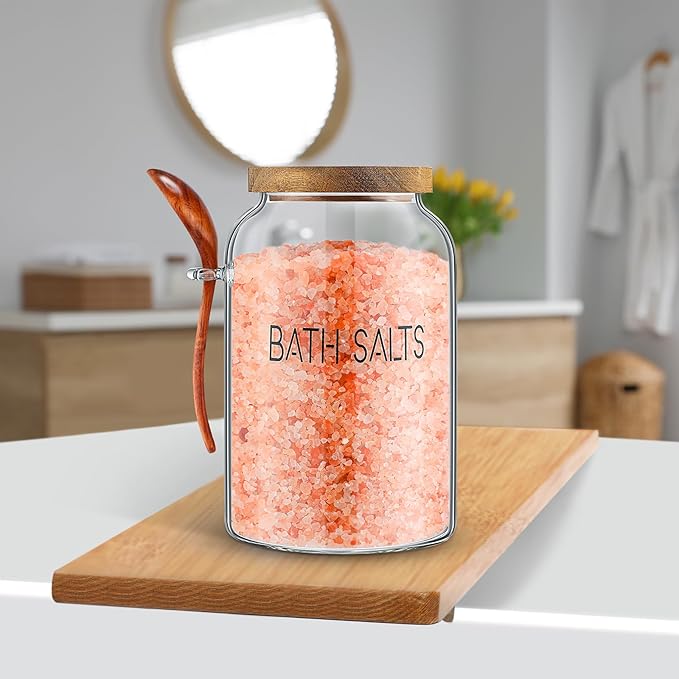 2 Pcs 94 oz Bath Salts Glass Jar with Wooden Lid, Bath Salt Container with Scoop, Airtight Storage Bathtub Accessories for Women