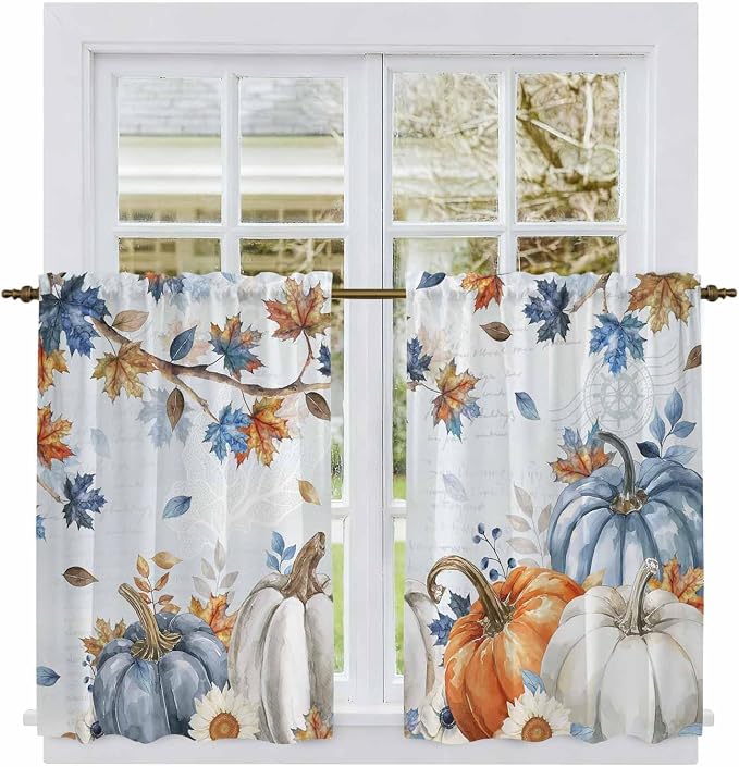 Fall Blue Maple Kitchen Tier Curtains 45 Inch Long 2 Panel Set, Rod Pocket - Image 2