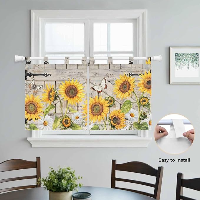 Farm Flowers Kitchen Curtains 24 Inch Length, Small Window Curtains Tab Top - Image 4