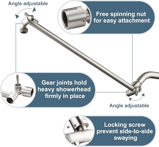 BRIGHT SHOWERS 15 Inch Extra Long Shower Head Extension Arm, Solid Brass Shower Arm Extender with Locking Screw for Rain and Handheld Showerhead, Height & Angle Adjustable, Brushed Nickel
