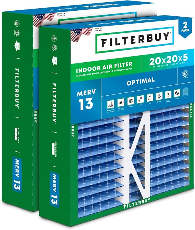 Filterbuy 20x20x5 Air Filter MERV 13 Optimal Smoke & Allergy Defense, Pleated by Filterbuy