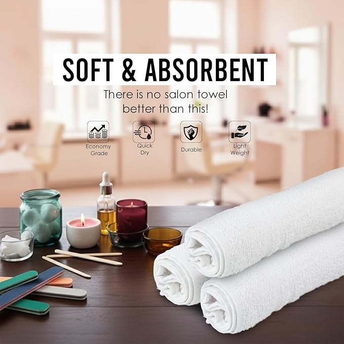 24 Pack White Hand Towels 100% Cotton Spa Towel – 16x27 inches Highly Absorbable Facial Towels Gym, Hair, Face, Bulk Small Towels (Not Bleach Proof)