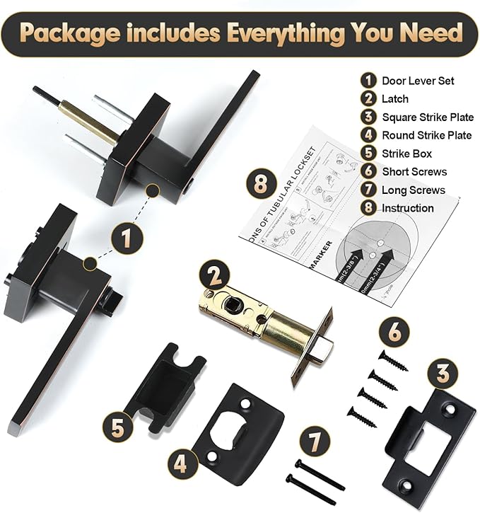 Privacy Door Levers, 6 Pack Oil Rubbed Bronze Door Handles Interior Heavy Duty Bed and Bath Keyless Door Locksets, Reversible for Left Right Handed Doors