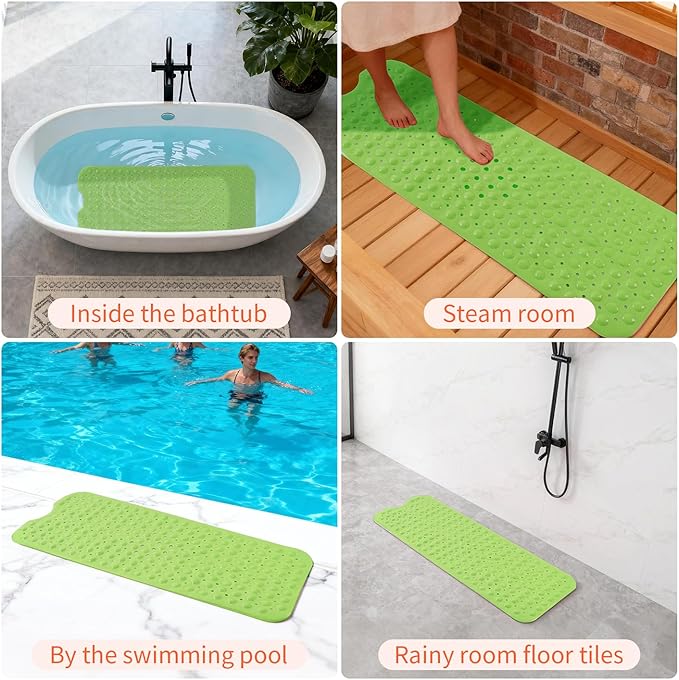 Anti-Slip Bathtub Shower mat, 39.3×15.7 inch（Approximately 100 × 40cm） Soft Oversized Machine Washable Non-Slip Bathtub mat with Drainage Holes, Bathroom Floor Suction Cup.（1-Opaque Pea Green）