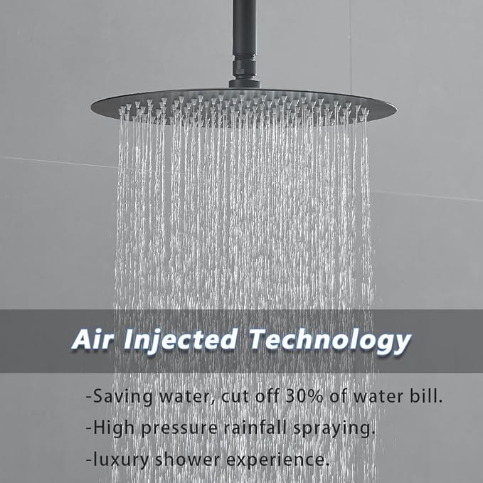 Matte Black Round Shower Faucet Set with Body Jets 16 Inch Shower Head Handheld Shower Combo Set High Pressure Ceiling Mount with Rough-in Valve