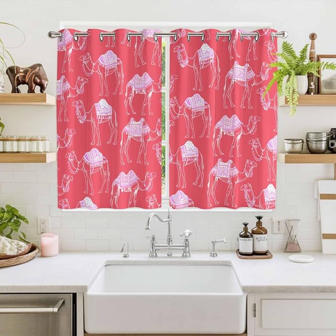 2 Panel Kitchen Cafe Curtains, Desert Camel Sunlight Filtering Nature Air - Image 2