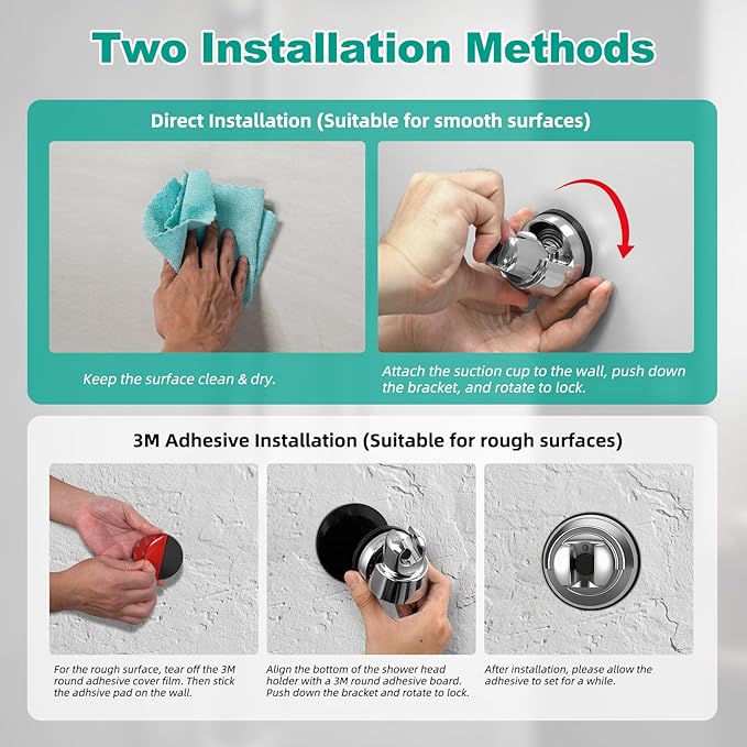 Hibbent 2 Pack Vacuum Suction Cup Shower Head Mount, Removable Shower Head Bracket, Height Adjustable Shower Wand Holder & Wall Mount ABS Plastic Suction Holder for Handheld Showerhead, Chrome