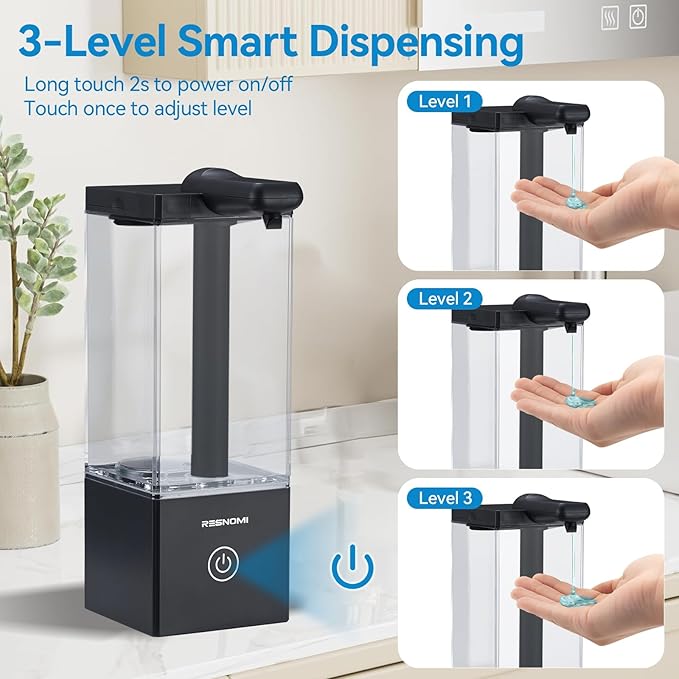 Automatic Soap Dispenser Touchless, Soap Dispenser Bathroom, Large Transparent Reservoir&Wall Mount, Type-C Rechargeable&3-Level Adjustable, Water-Resistant, Kitchen, Hotel, and School, Black