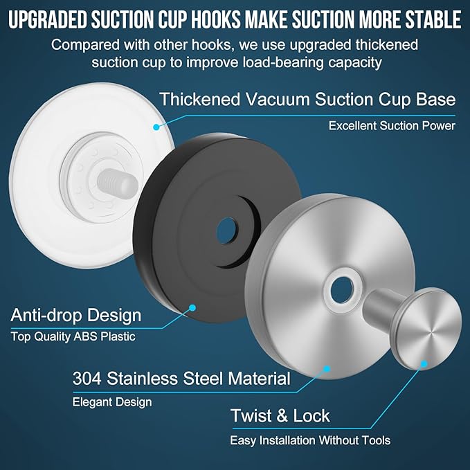 Suction Cup Hook for Shower, 16 Pack Wall Mount Towel Holder, Removable Towel Hook - Stainless Steel No Drill Hook for Bathroom Window Glass Door Wall Home Kitchen Silver