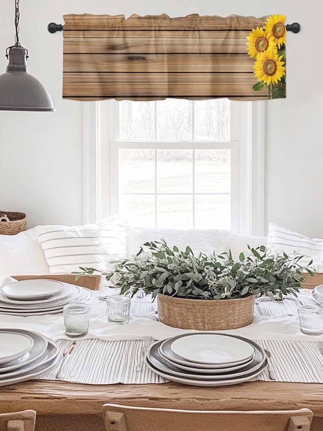 Kitchen Valances for Window, Farm Sunflower on Vintage Wood Grain Light - Image 6