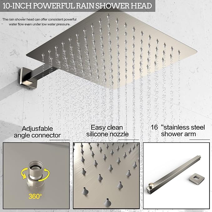 Shower System Wall Mounted 10 inch Shower Overhead for Bathroom,Rain Shower Combo Set with Handheld Spray,Luxury Rainfall Shower Head Rough-in Valve and Trim Included(Brushed Nickel)