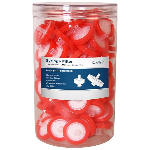 SimPure Syringe Filter PTFE 100 PCS Hydrophobic Membrane, 25mm Disc Diameter by SimPure_Water