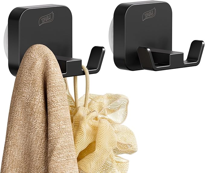TAILI Patented Strong Suction Cup Holder, Thickened 304 Stainless Steel Bathroom Suction Hook for Towel, Loofah, Bathrobe, Damage-Free Hanging Shower Wall Hook, Double-Hook Widening Design, Black