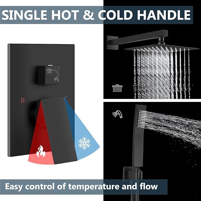 Aolemi Shower Faucet Set Rain Shower System with Handheld Spray Bathroom Shower Combo Rough-in Valve and Shower Trim Kit Included Matte Black 8 Inch Wall Mount Shower Head