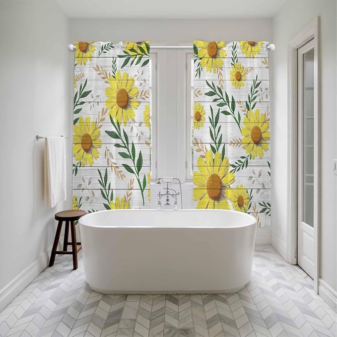 Yellow Daisy Kitchen Curtains, Farmhouse Country Flower Leaf Plant Wood Grain - Image 5