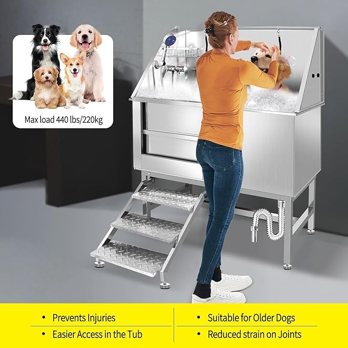 Professional 304 Stainless Steel Dog Bathing Station, 50 inch Pet Grooming Tub with Anti-Slip Ramp, Storage Drawer, Hot/Cold Faucet for Large Medium Small Dogs