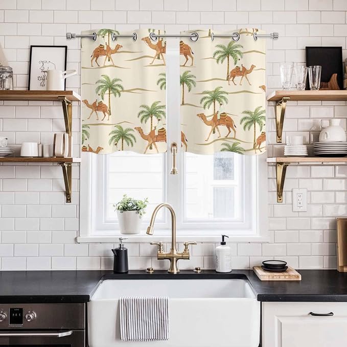 2 Panel Kitchen Cafe Curtains, Date Coconut Tree Sunlight Filtering Nature Air - Image 2