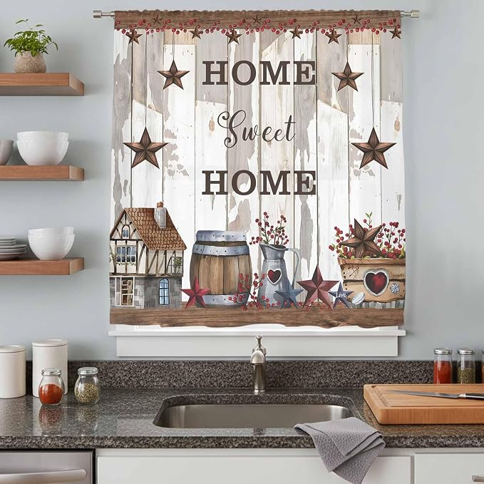 Farmhouse Sheer Curtains 54 Inch Length Retro Country Star Berry Vintage Wood - Image 8