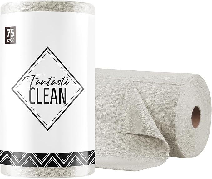 Fantasticlean Microfiber Cleaning Cloth Roll -75 Pack, Tear Away Microfiber Towels, 12" x 12", Reusable, Washable, Scratch Free, Ultra Absorbent Dishcloth for Home Supplies, Car, Pet (Cool Grey)