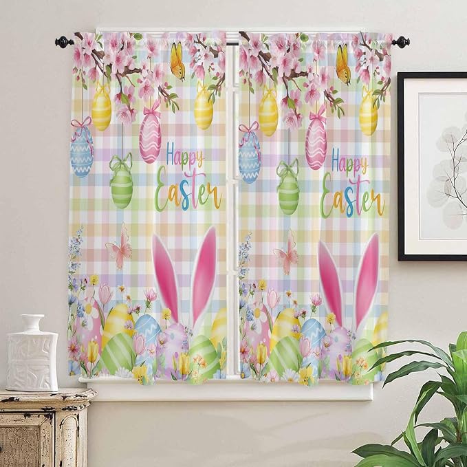 Happy Easter Bedroom Curtains 63 Inches length, Spring Bunny Colorful Eggs - Image 2