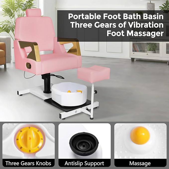 Reclining Pedicure Chair with Stool, Pedicure Station with Foot Massage Basin 360° Swivel Pedicure Chair Hydraulic Adjustable Height for Foot Spa Unit Station Pink