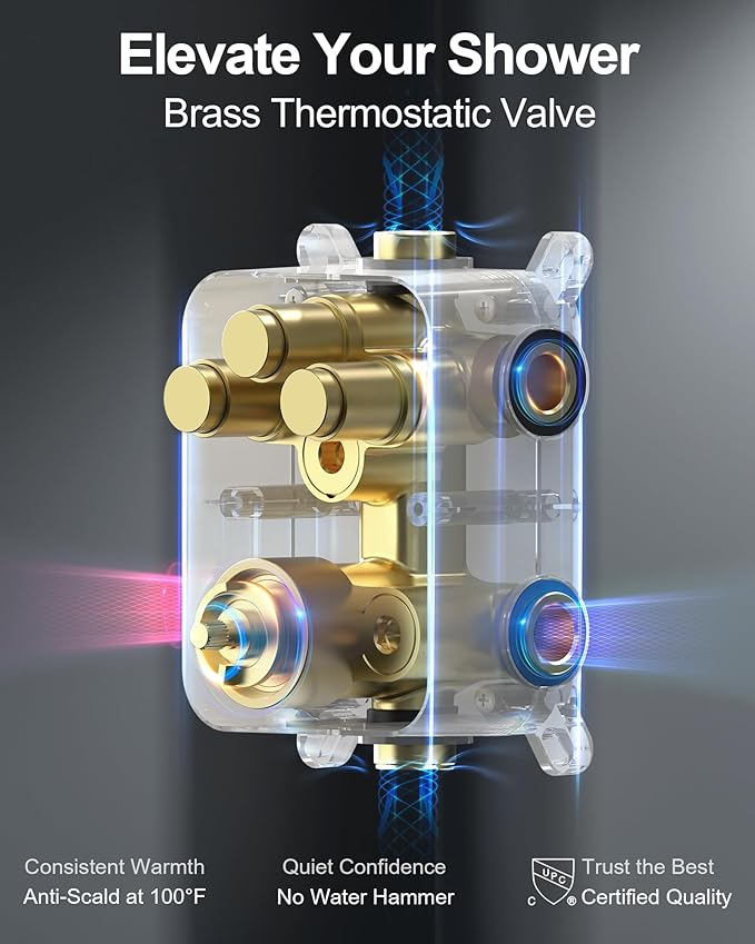 Thermostatic Shower System, Dual Rainfall Shower Heads for Ceilling & Wall Mounted with Handheld Sprayer, Brushed Gold