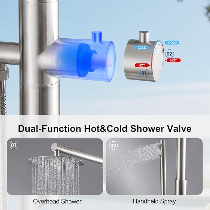 RBROHANT Freestanding Outdoor Shower, 316 Marine Grade Stainless Steel Beach Shower, Free Standing Hot and Cold Water Pool Shower with 10’’ Rain Shower Head and Handheld, Brushed Nickel, Floor Mounted