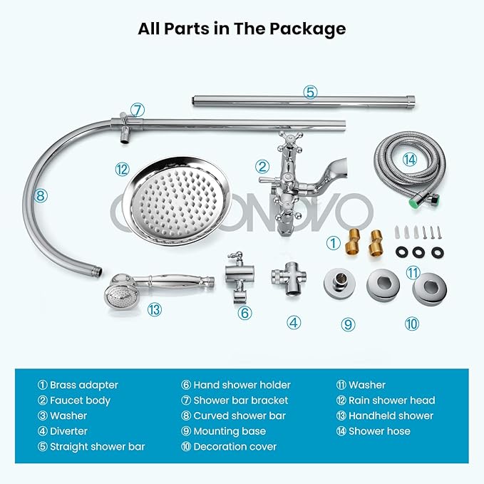 gotonovo Bathroom Classic Exposed Shower Faucet Wall Mount Shower System 8 Inch Luxurious Rainfall Shower Head Set with Tub Spout and Handheld Spray Double Cross Handles Polished Chrome