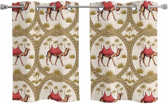 2 Panel Kitchen Cafe Curtains, Camels Palm Trees Sunlight Filtering Nature Air by Hokiten