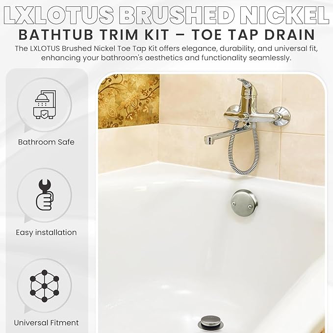 LXLTOUS Brushed Nickel Toe Tap Bathtub Trim Set with Two-Hole Overflow Faceplate, Replacement Tub Drain Kit with 2-Hole Overflow Cover and Universal Fine/Coarse Thread, Fits 1-3/8" and 1-1/2"