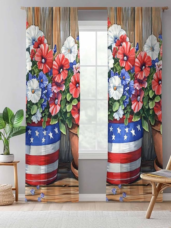 Sheer Curtains 108 Inches Long, Retro Independence Day Flag Wood Grain Privacy - Image 5