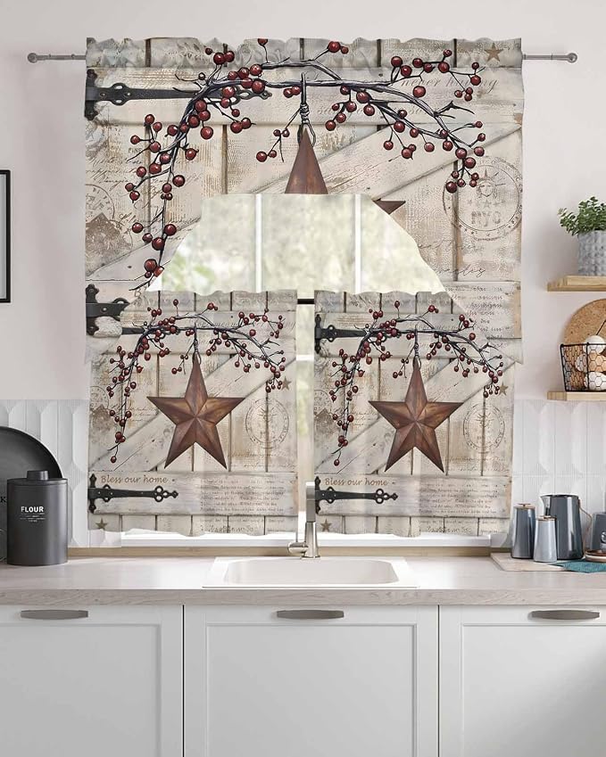 Village Stars Swag Kitchen Curtains Valance and Tier Set, Vintage Rust Yellow - Image 2