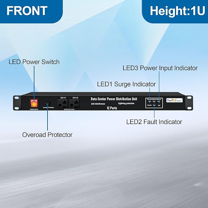 1U PDU Network Servers Surge Protector Power Distribution Unit 12-Outlet - Image 2