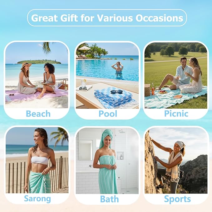 6 Pack Cotton Turkish Beach Towel Lightweight Thin Travel Vacation Essentials Oversized XL Towels Set for Pool Swim Bath Camping Cruise Accessories Absorbent Quick Dry Sand Free Bulk clearance Striped
