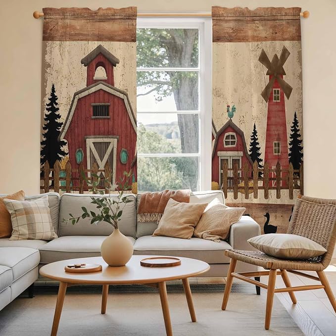 Brown Farmhouse Kitchen Curtains, Vintage Country Animals Wooden Grain Light - Image 3