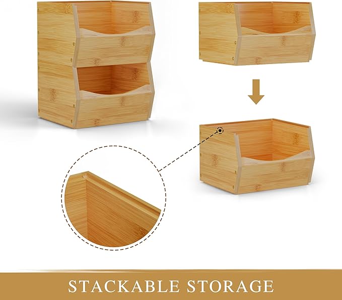 2 Set Open Front Small Stackable Storage Bins, Bamboo Stacking Storage Bins Snack Tea Bags Fruits Spices Countertop Storage, Rustic Organizer Bins for Pantry, Kitchen, Office, Bedroom (Small Natural)