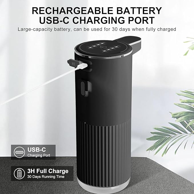 GuDoQi Automatic Touchless Liquid Soap Dispenser, 4-Level Adjustable Foam, USB Rechargeable Hand Soap Dispenser for Bathroom, Kitchen Countertops, 12.2oz/360mL, Black