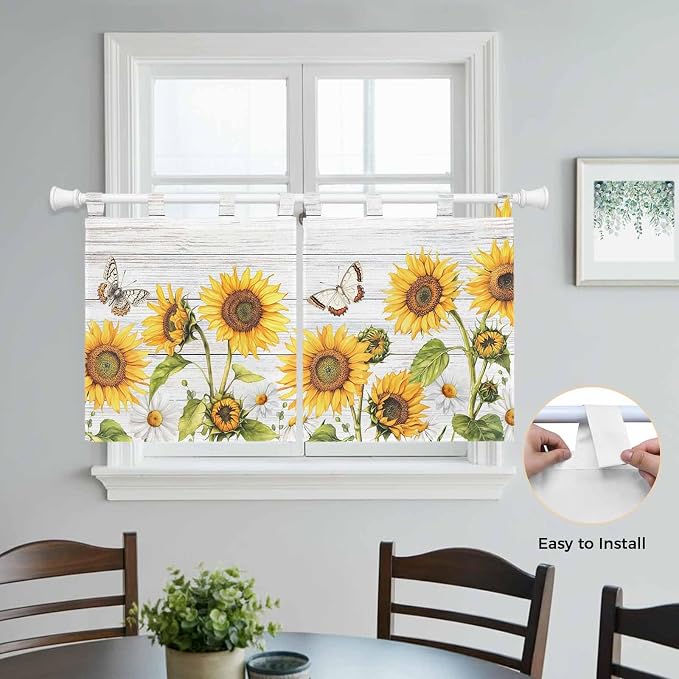 Yellow Sunflowers Kitchen Curtains 24 Inch Length, Small Window Curtains Tab Top - Image 4