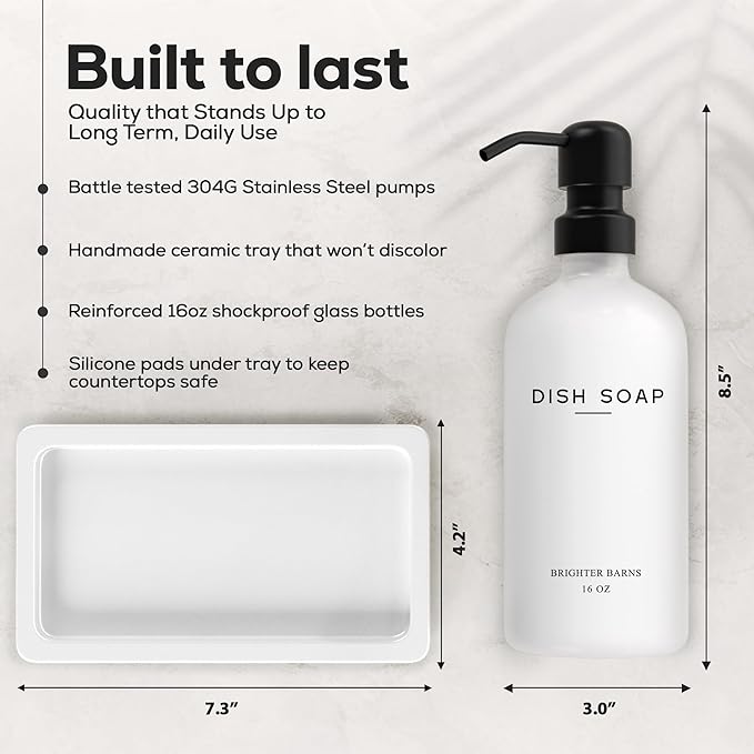 White Glass Hand and Dish Soap Dispenser Set by Brighter Barns - Kitchen Soap Dispenser Set with Tray for Kitchen, Home or Vacation Rental - Modern Kitchen Decor & Accessories (White)