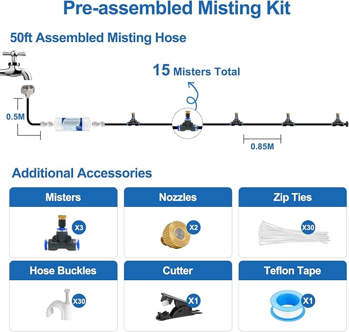 Pre-Assembled Misters for Outside Patio, Outdoor Misting Cooling System w Filter - Image 3