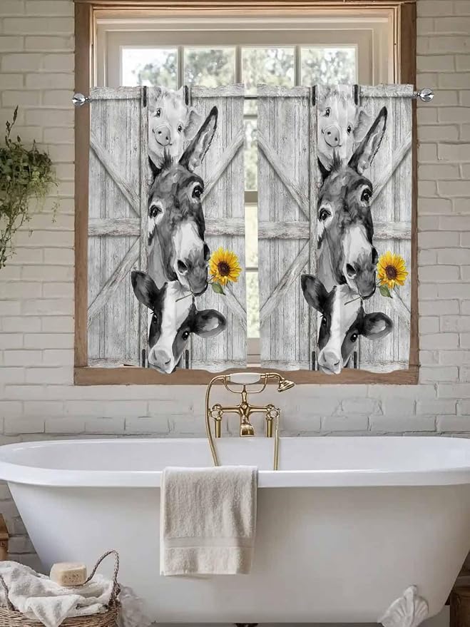 Grey Farmhouse Kitchen Curtains 45 Inches Length, Vintage Sunflowers Animals - Image 7