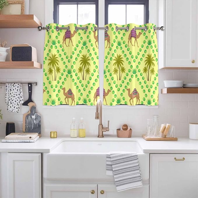 2 Panel Kitchen Cafe Curtains, Desert Sand Camels Sunlight Filtering Nature Air - Image 2