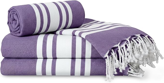 Turkish Cotton Beach Towel Pack of 4 & 1 Boho Tote Bag - Hammam Towels - No Shrink - Quick Dry - Lightweight - Sand Free - Camping - Pool - Tanning - Beach Essentials - Purple (40"x70")