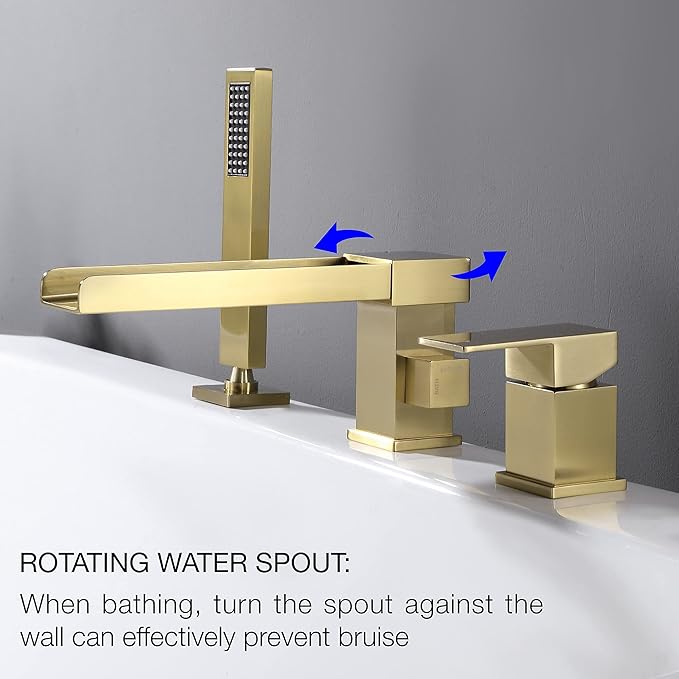 TapLong Waterfall Tub Filler Faucet with HandHeld Shower Widespread Roman Tub Faucet Set, Deck Mount 3-Holes Single-Handle Faucet in Brushed Gold, 03111BG