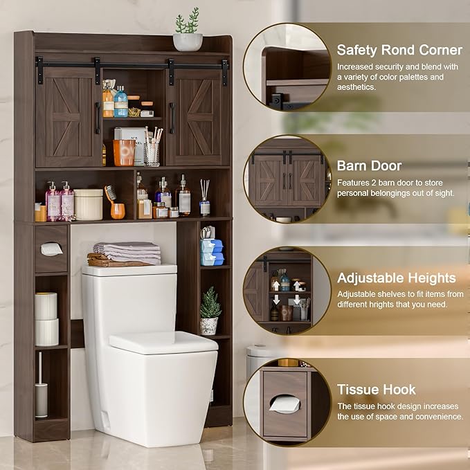 Farmhouse Storage Cabinet Over Toilet with Sliding Doors，Over The Toilet Storage Cabinet, Home Space-Saving Toilet Rack, for Bathroom, Restroom, Laundry.Espresso
