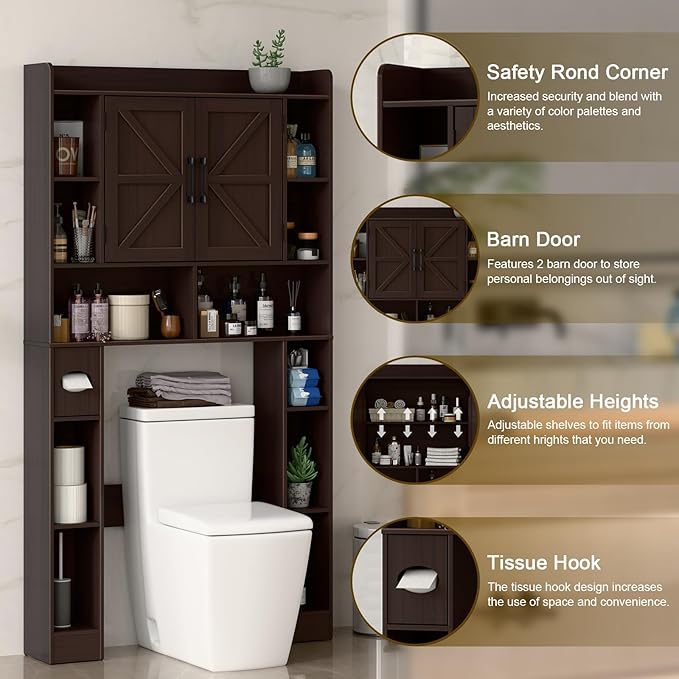 Farmhouse Storage Cabinet Over Toilet with Barn Doors，Over The Toilet Storage Cabinet, Home Space-Saving Toilet Rack, for Bathroom, Restroom, Laundry.Espresso